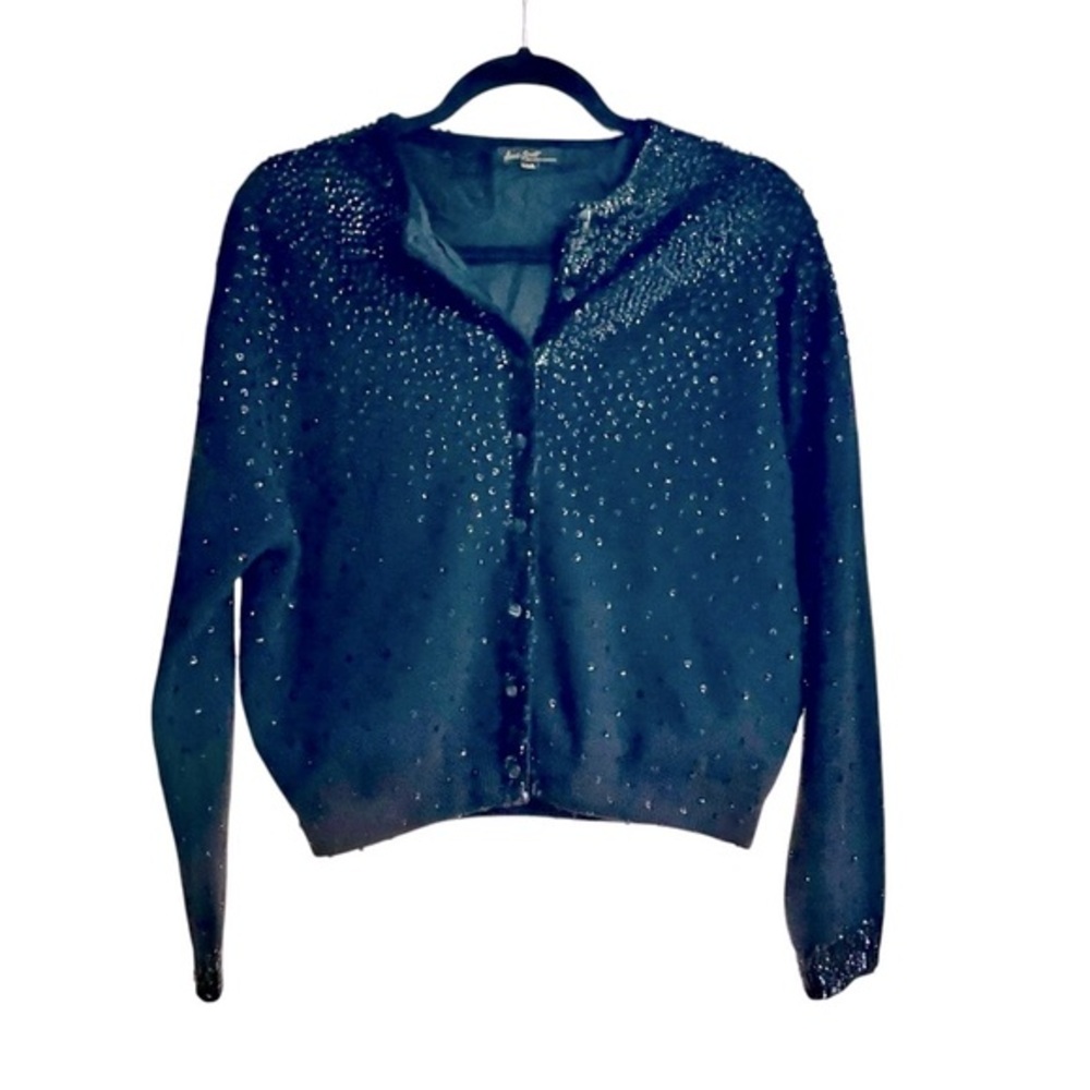 Vintage Womens Anne-Scott Black Beaded Boho Cardigan Sweater Glam‎ Wear Size M